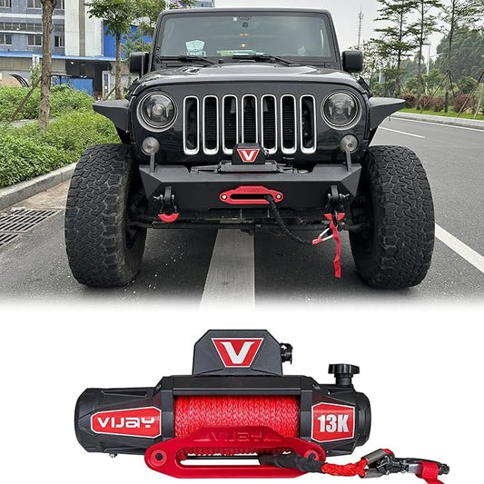 Winch-13000 lb. Load Capacity Electric Winch Kit 12V Synthetic Rope,Waterproof IP67 Electric Winch with Hawse Fairlead, with Wireless Handheld Remote and Corded Control Recovery（Red）
