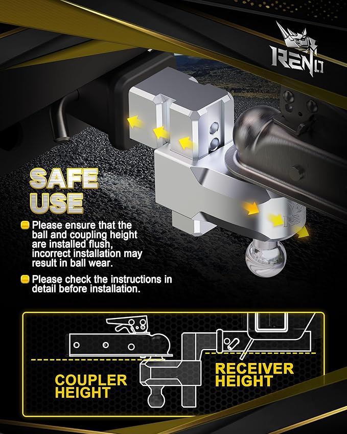 RENO Adjustable Trailer Hitch (Fits 3-Inch Receiver) - Heavy Duty Aluminum Tow Hitches with 4-Inch Drop/Rise for Truck (21,000 LBS GTW) - 2" and 2-5/16" Dual Ball Mounts
