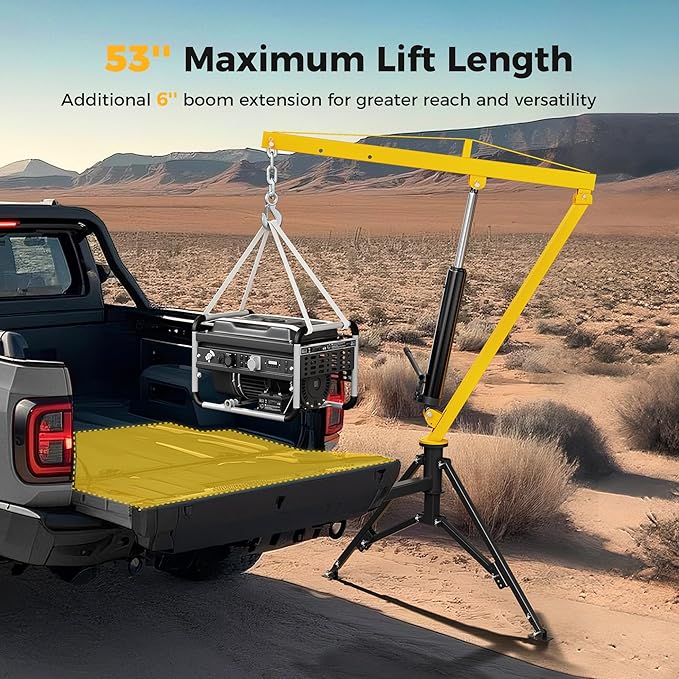 1000lbs Receiver Hitch Mounted Hydraulic 360° Swivel Truck Crane with 3 Boom Capacity Options: 500lbs, 750lbs, 1000lbs. Ideal for Workshops, Construction, Agriculture, and Logging,Yellow