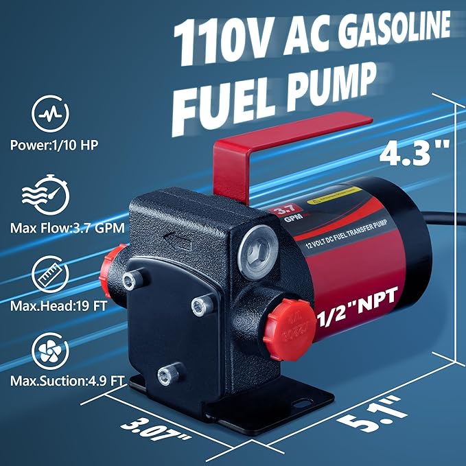 110V AC Gasoline Fuel Pump Kit, Self-priming Fuel Transfer Pump, Reversible Pumping, Overheat Protection, Explosion-proof, Suitable for Gasoline, Diesel, Mineral Oil, Kerosene