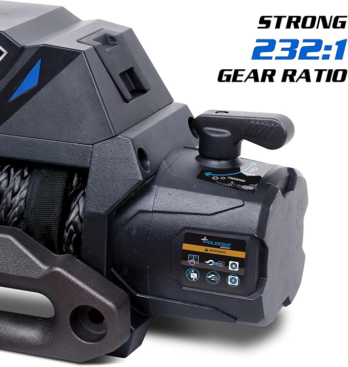 POLESTAR 12V DC 12,000 lb Electric Winch with Waterproof Synthetic Rope 3/8" Diameter x 82' Length, Wireless Remote Control