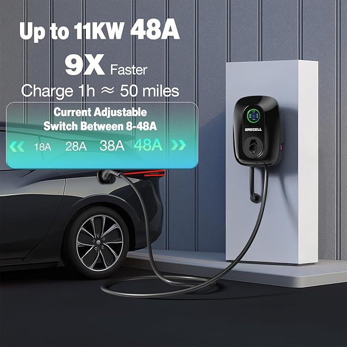 GRECELL Level 2 EV Wall Charger, ETL Certified 48A 11KW 240V J1772 Charger Bluetooth & WiFi Enabled, Electric Car Fast Wall Charging Station, Electric Car Charger with 25FT Cable and NEMA 14-50 Plug