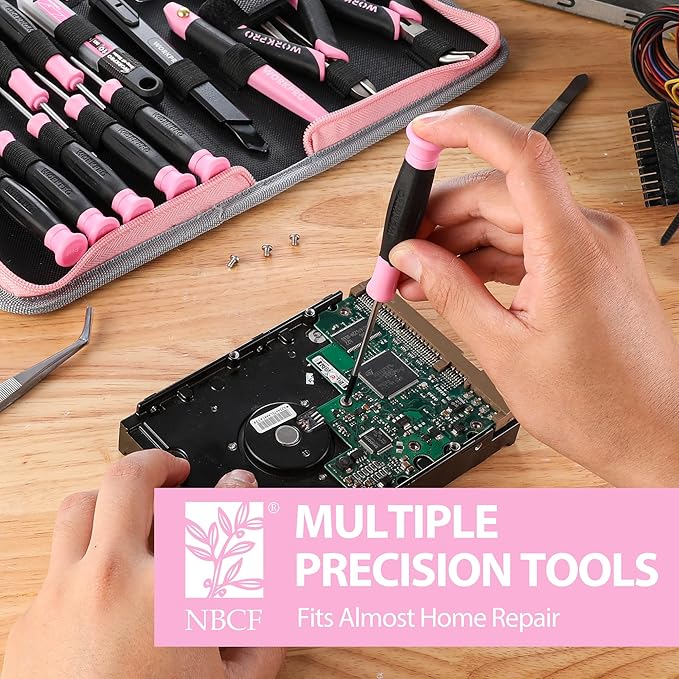 WORKPRO 33PCS Precision Repair Tool Set Includes Pliers Set, Screwdrivers Set, Craft & Utility Knife, Tweezers, Electronic Repair Tool Kit with Pouch for Laptops, Phones, Computer - Pink Ribbon