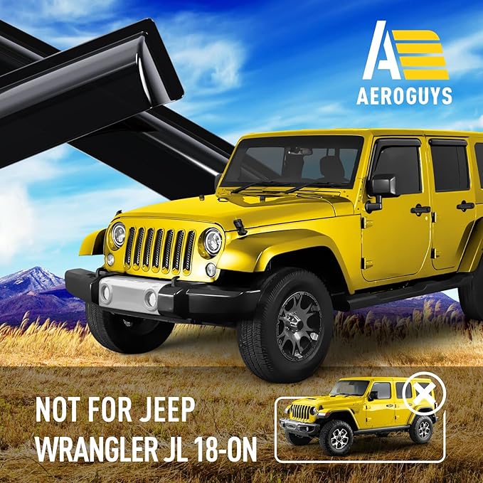 Extra Durable Window Deflectors Tape-On Window Visors Rain Guards Fit for Jeep Wrangler JK 2007-2018, Sun Visors, Wind Vent for Shades, Exterior Car Accessories - 4pcs. AG0083