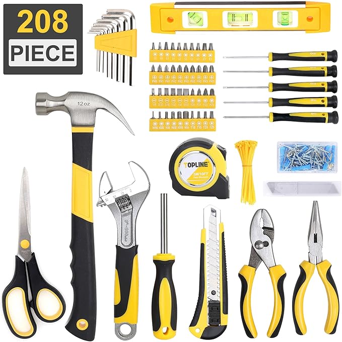 TOPLINE 208-Piece Basic Home Tool Kit with Easy Carrying Round Pouch, Household Hand Tools for Apartment, Home, Basic Tool Set, Perfect for DIY Projects, Home Maintenance