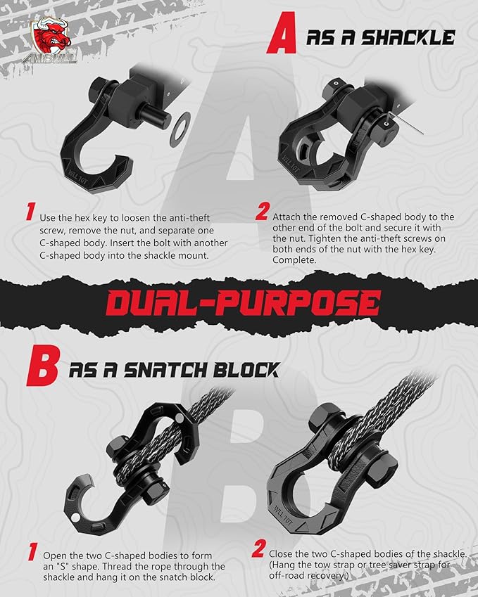 D Ring Separate Shackle with Snatch Block 2 Set, 3/4" Shackles w/Snatch Block Pulley, Heavy Duty Shackle for Towing Winch, Pulley for Off-Road Vehicle Recovery, Truck, ATV, UTV, BlackBlack