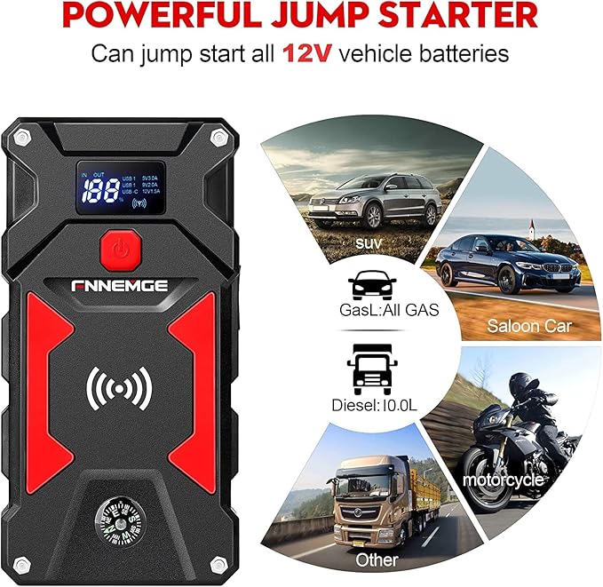 Car Jump Starter, 6000A Peak 26800mAh 12V Car Battery Starter(Up to All Gas, 10.0L Diesel Engine), with USB Quick Charge 3.0,LED Light,12V EC-5 Output.
