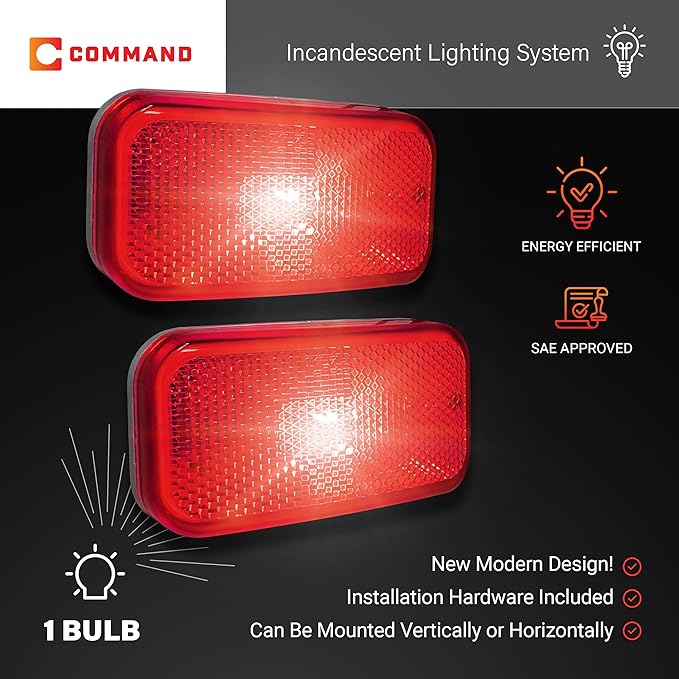 Command Electronics OEM 12V Modern Incandescent RV & Trailer Clearance Light – Made in USA – Red, White Base – 2-Pack