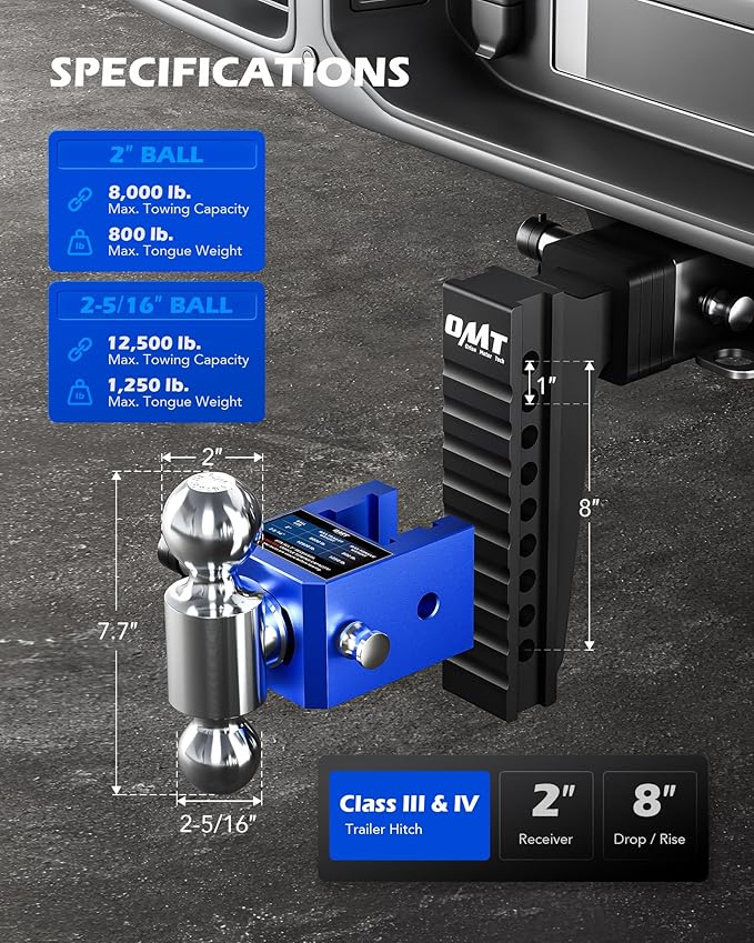 Orion Motor Tech Adjustable Trailer Hitch, Heavy Duty Drop Hitch 2 inch Receiver, 8" Drop & Rise Hitch with 2" & 2-5/16" Balls, 360° Dual-Ball Mount with 12500 lb. Towing Capacity for Class III & IV
