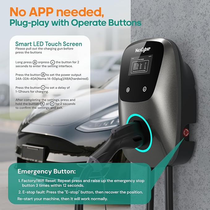 Level 2 EV Charger(WiFi APP/Plug-Play), 48Amp, 25ft Cable ETL Certified, 240V NEMA 14-50p Plug, Home Level 2 EVSE Car Charger w/ J1772 Connector, Electric Vehicle Charging Stations