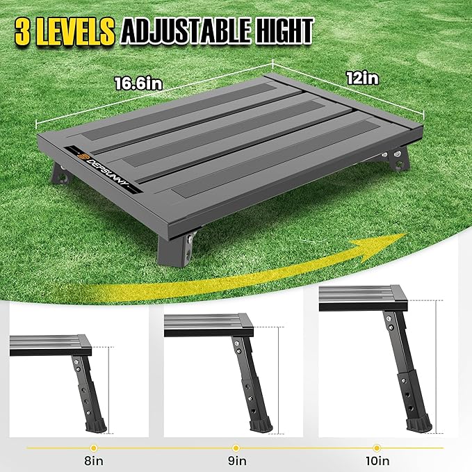 Adjustable RV Step Stool, 3-Step Height Adjustment, Foldable Legs, Wide Anti-Slip Surface,Supports Up to 1,000 lb, Premium Aluminum Construction Easy to Carry