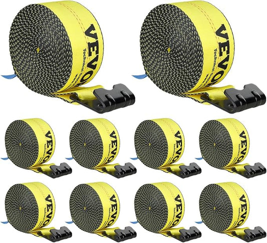 VEVOR Truck Straps, 4" x30' Heavy Duty Tie Down w/Flat Hooks 18,000lbs Break Strength, WLL# 6000lbs, Cargo Straps tie Down for Flatbeds, Trucks, Trailers, Farms, Rescues, Tree Saver, Yellow(10 Pack)