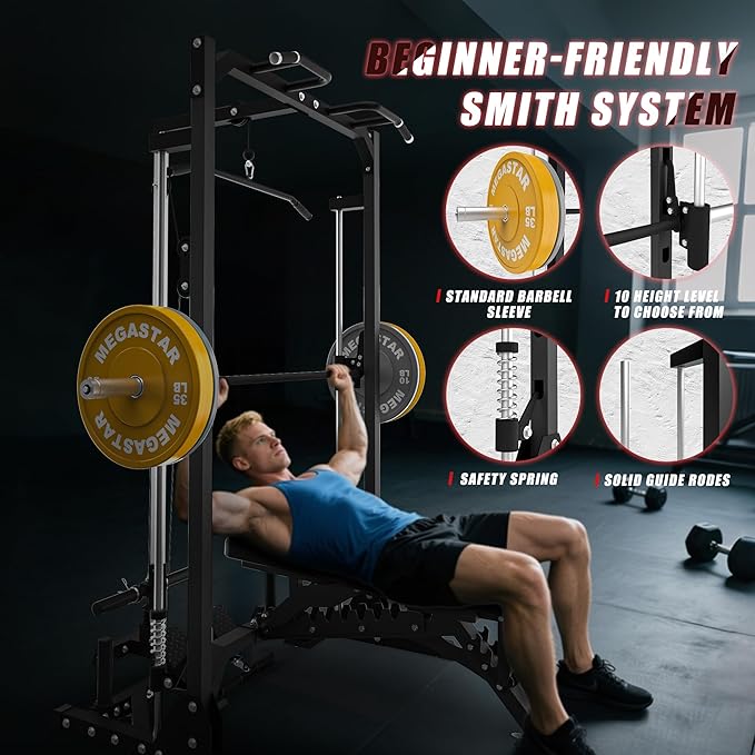 Compact Smith Machine Home Gym - 800lb Barbell Sleeve, Space-Saving Power Cage with LAT Pulldown, Power Rack 5-in-1, 1500lb Capacity for Garage & Small Spaces, P70