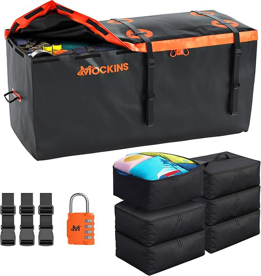 Mockins 30 Cu.Ft. Trailer Hitch Cargo Carrier Bag | 60"x24"x36" Waterproof Cargo Bag for Hitch Carrier & 6 Packing Cubes 29"x23"x12" | Weatherproof Vehicle Soft-Shell Carriers w/Buckle Straps & Lock