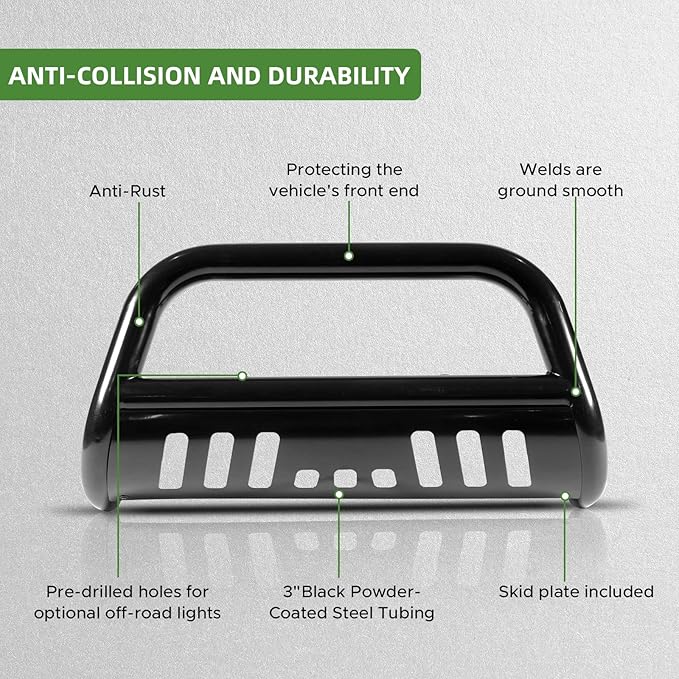 Bull Bar Compatible fit for Chevy Silverado 1500/GMC Sierra 1500 2019-2025 Front Bumper Guard 3" Tubing Brush Grille Guard Truck Protector Push Bar with Skid Plate Black