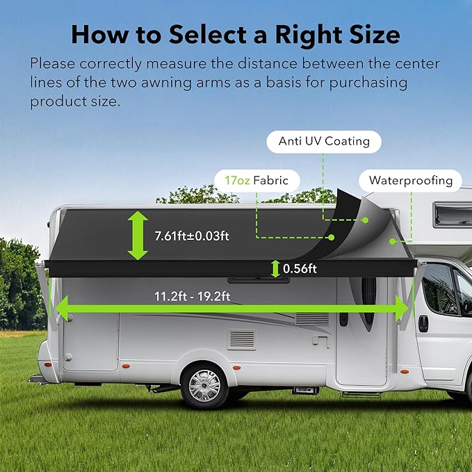 HBN RV Awning Fabric Replacement, 18'2" Fabric Length for 19' Awning, Heavy-Duty Vinyl, Weather Resistant, Universal Outdoor Canopy for RV, Trailer, and Motorhome Awnings - Black