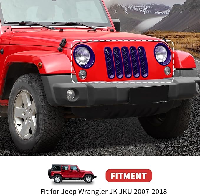 Mesh Grille Grill Insert+Headlight Turn Light Cover Trim Fit for 2007-2018 Jeep Wrangler JK JKU(Purple)