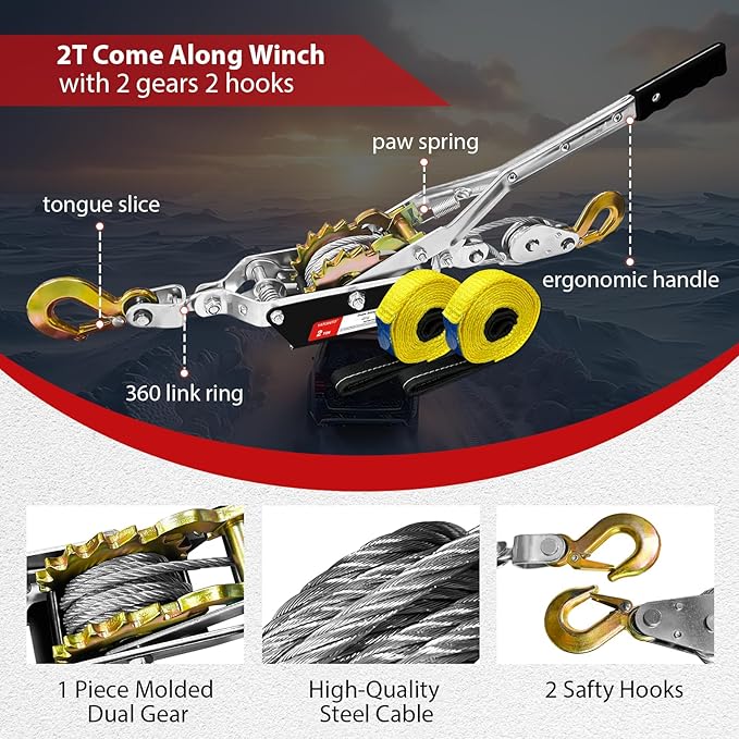 Come Along Winch 2 Ton Pulling Capacity with Two 1"x8FT Lifting Sling 2 Hooks Heavy Duty Power Cable Come Along Tool with Dual Gears Automotive Hoist Winch Puller