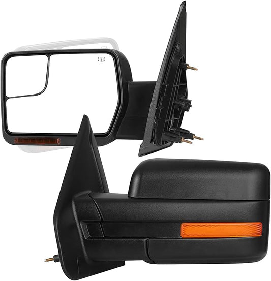 DWVO Tow Mirrors Compatible with 07-14 Ford F150 Power Heated Towing Mirror with Dual Turn Signal Light Puddle Light Black