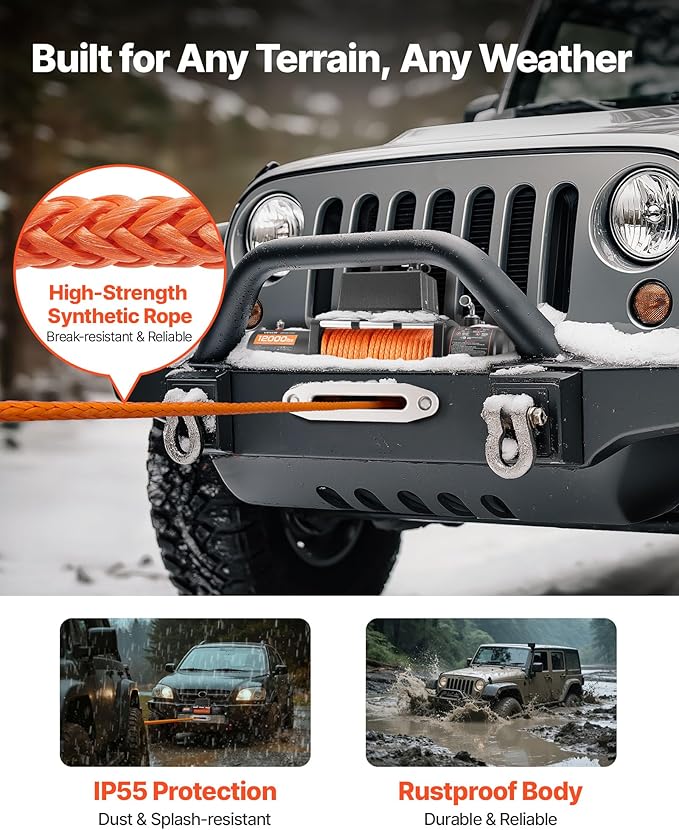 VEVOR Electric Winch, 12000 lbs Load Capacity, 12V DC Truck Winch with Φ0.36 in x 75.5 ft Synthetic Rope, Wireless & Wired Remote Control, IP55 Waterproof for Towing Off-Road SUV Jeep Trailer