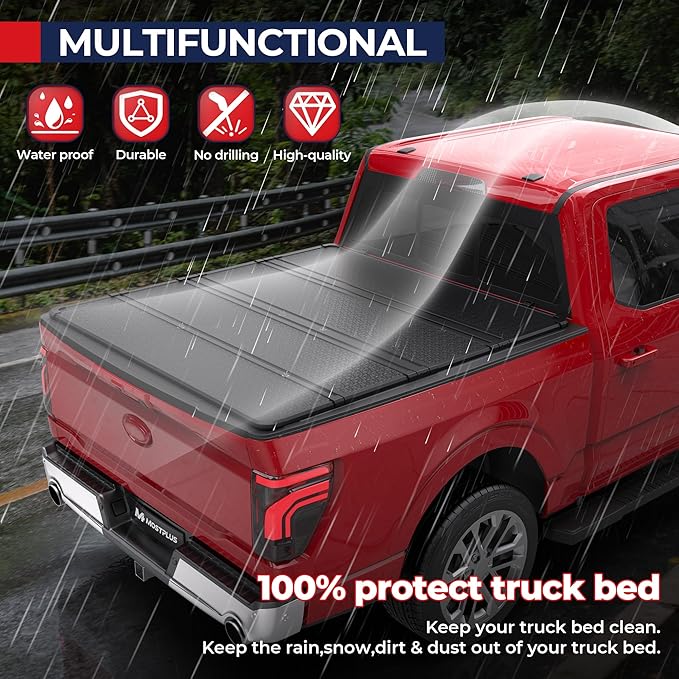 MOSTPLUS Quad Fold Hard Truck Bed Tonneau Cover Compatible with 2015 2016 2017 2018 2019 2020 2021 2022 2023 2024 2025 Ford F150 F-150 Long Bed On Top (5.5 FT Feed Bed) 4 Fold Aluminum Bed