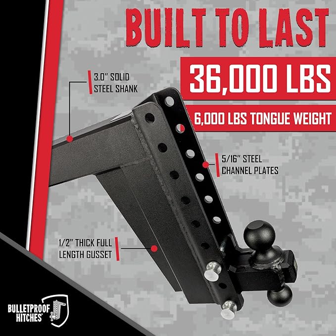 BulletProof Hitches - 3.0" Adjustable Extreme Duty Trailer Hitch (36,000 lb. Rating) - 12" Drop/Rise with 2" and 2 5/16" Dual Ball - Powder Coat, Solid Steel, Corrosion-Resistant