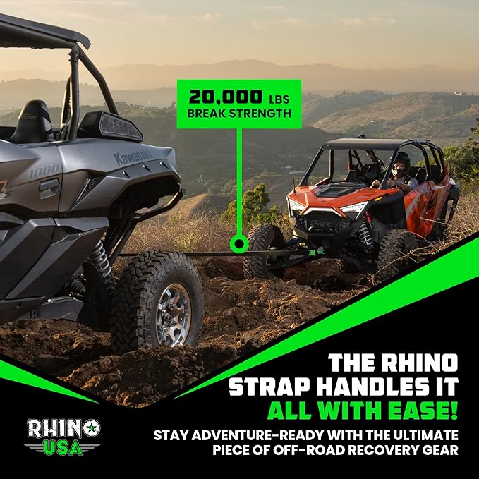 Rhino USA Recovery Tow Strap (2" x 20') - 20,024lb Break Strength - Emergency Recovery Strap Tow Rope for UTV, ATV & More - Heavy Duty Towing Strap for Offroad 4x4 Use - Compatible with RZR and Can-Am