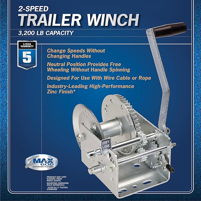 Fulton 142420 Trailer Winch, Two-Speed, 3,200 lbs. Capacity, No Strap, 10 Inch Handle, Silver