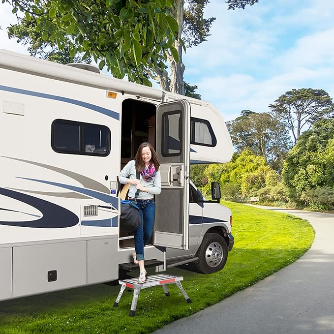 Safety RV Steps, Yagud Height Adjustable Folding Platform Step with 17" X 12" Anti-Slip Surface, Rubber Feet, Handle, Reflective Strips, and T Level, Aluminum RV Step Stool Supports Up to 1000lbs