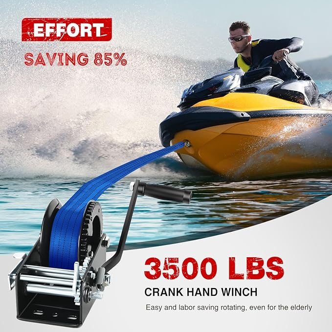 Nilight Boat Trailer Winch 3500 LBS Hand Crank Winch Heavy Duty Boat Winches with 33 FT Blue Strap Rope Hook Two Way Ratchet 4:1 8:1 Gear Portable Marine Manual Winch for Trailers Boat RV ATV Towing