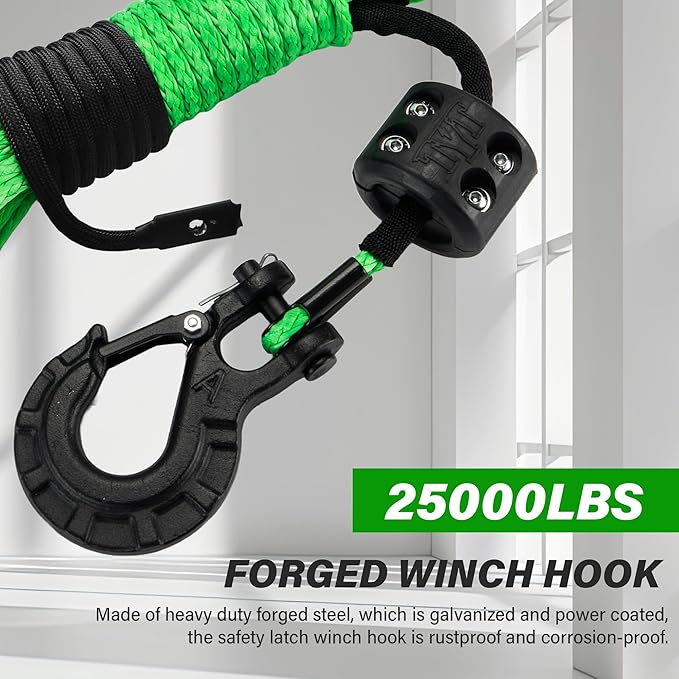 TYT Synthetic Winch Rope Kit - 1/4'' x 50' with 10000 lbs Strength, Protective Sleeve, Heavy Duty Hook, Rubber Stopper, & Safety Pull Strap for Off-Road 4x4 Vehicles (Green) (JPS1450OG)