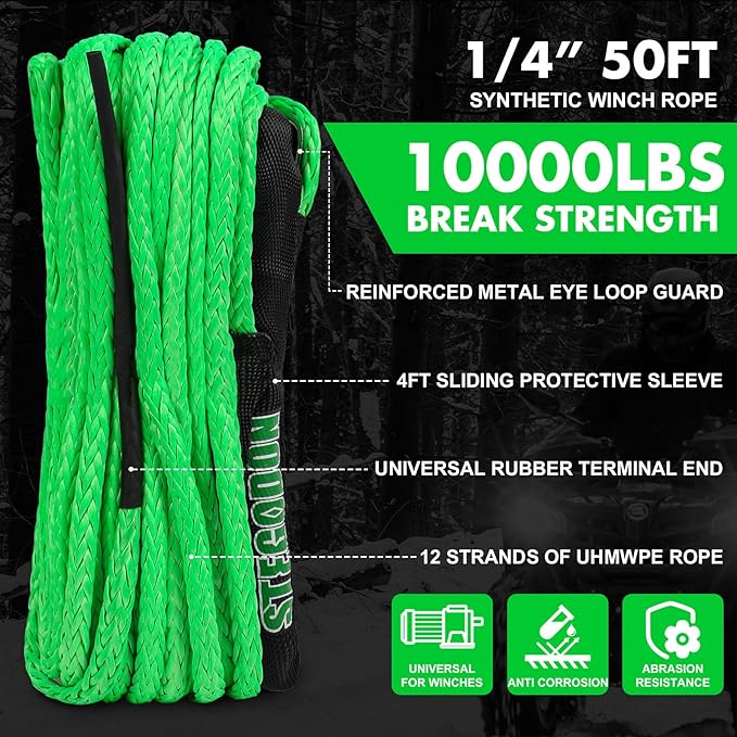 Synthetic Winch Rope, 1/4'' x 50ft 10,000LBS Synthetic Winch Line 1/4 Winch Cable Replacement Synthetic Rope with Forged Winch Hook and Rubber Stopper for 4WD Off Road Vehicle ATV UTV (Green)