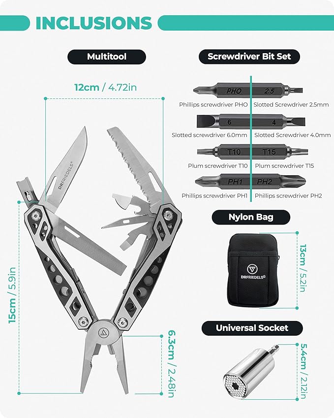 Multi Tool with Universal Socket - 22 in 1 Stainless Steel Multipurpose Tool with Saw, Pocket Knife, Wire Stripper & More - Small Tools for DIY Enthusiasts, Hobbyists, & Professionals by DrFriedels