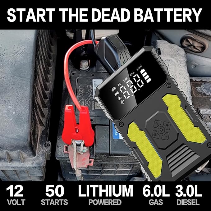 3000A Jump Starter with Air Compressor, 12V Battery Booster, 150PSI Tire Inflator Auto-Stop, QC3.0 Fast Charging Power Bank, Type-C Input/Output, LED SOS Light for Emergency Use