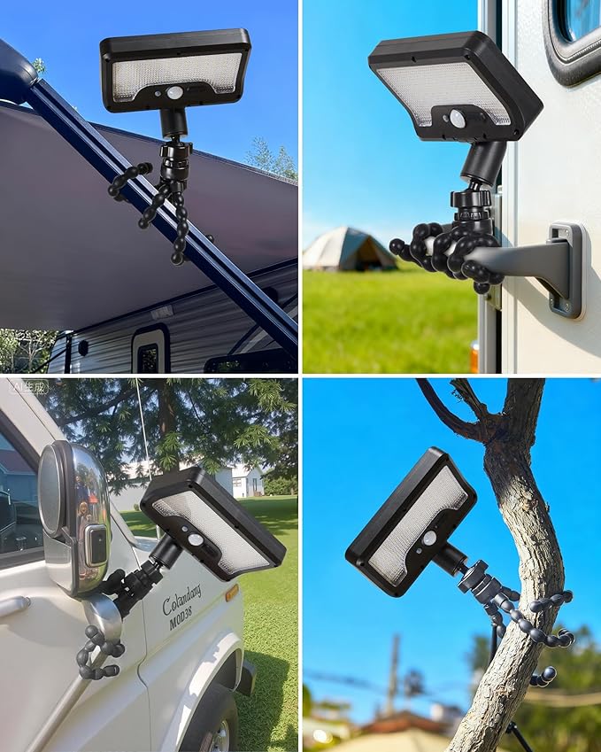 LUHLEE Solar Motion Lights Outdoor, 600LM RV Outdoor Lights with Flexible Tripod,USB & Solar Dual Charging, Motion Sensor RV Exterior Llight for Camper, Motorhome, Trailer, Camping Tent (2 Pack)