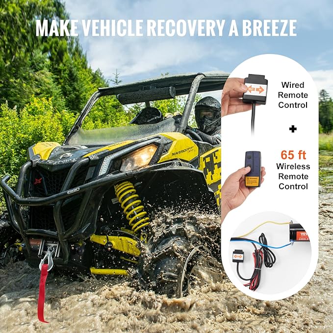 VEVOR Electric Winch, 4000 lb Line Pull Capacity, 12V DC ATV/UTV Winch with Φ3/16 in x 39 ft 7 Strands Steel Cable Roller Fairlead Wireless & Wired Remote Control, IP55 Waterproof for Towing UTV ATV