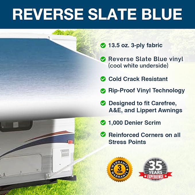 Shade Pro RV Awning Fabric Replacement | Durable Standard Grade Vinyl (21' [Fabric 20' 2"], Reverse Slate Blue Fade) Camper Shade Awning Canopy