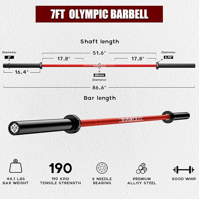 Mikolo 7ft Olympic Barbell, Barbell for Weightlifting and Powerlifting 45lb, Olympic Bar for 1500lbs Capacity, Weight Bar Fit 2” Standard Weights
