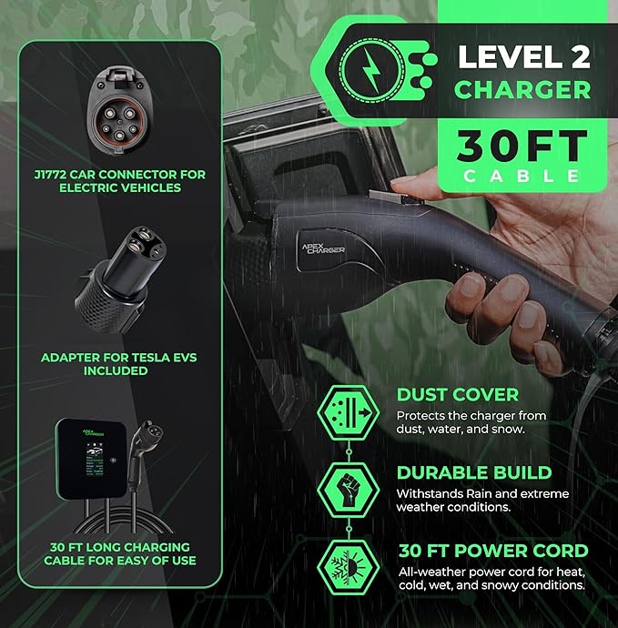 MACH 2:Fast Level 2 EV Charger 48 amp Garage-pro Wall-Mount. Electric Vehicle Charging Station 4 Nema 14-50 Outlet. J1772 car Connector. Key Accessories: 30ft Cable & Tesla NACS evse Portable Adapter