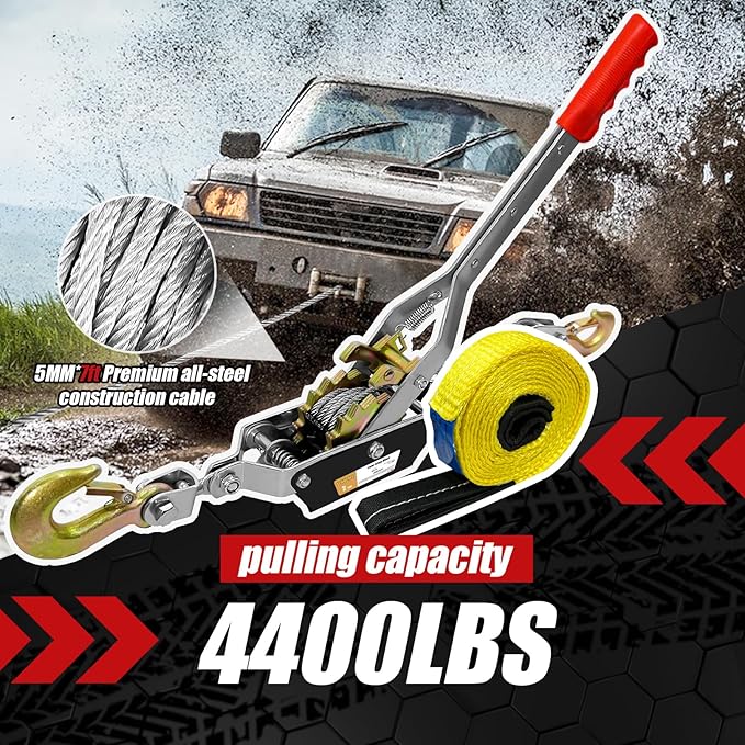 Come Along Winch Heavy Duty, 7FT 2T Come Along Pulling Tool 2 Gears 2 Hooks, Cable Winch Puller, Come Along Power Puller Ratchet Tool for Construction Automotive Farm Fences