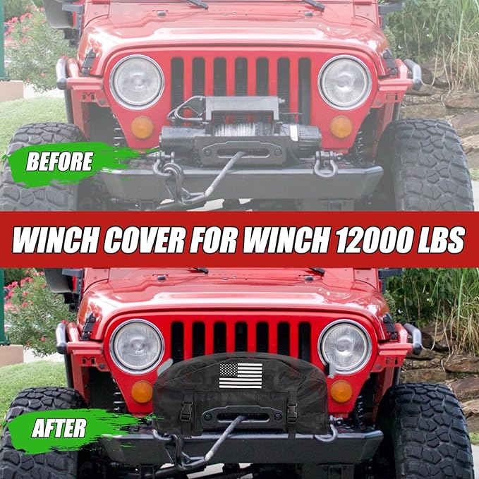 GEVINFA Winch Cover, 2025 Latest Flag Waterproof Dust-Proof Winch Protective Cover, Indoor & Outdoor Winch Accessories for 8000-13500 lbs Electric Winches With Adjustable UV Resistant Cover