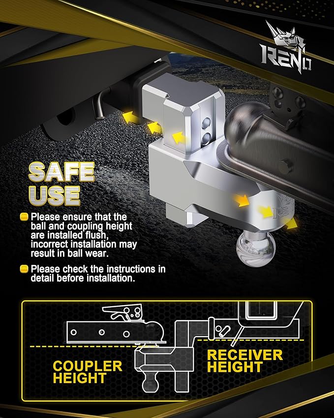 RENO Adjustable Trailer Hitch, Fits 2 inch Receiver Hitch 4" Rise/Drop Tow Hitch, Heavy Duty 2" & 2-5/16" Ball Hitches with 12,500 LBS GTW (1 Pack, Aluminum)