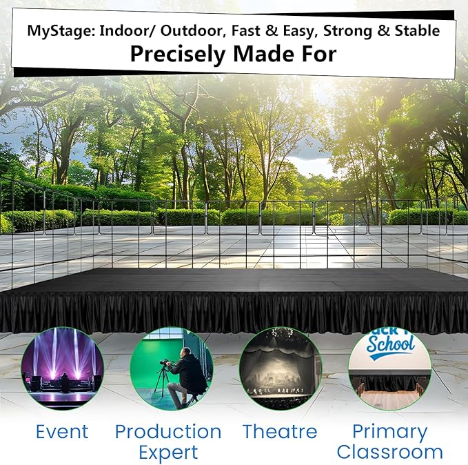 12x28' Portable Stage with 21 Stages, 11 Railings & 8 Skirts - Versatile Platform Modular System - DJ, Drum, Camera Stage Riser - Easy to Carry & Transport