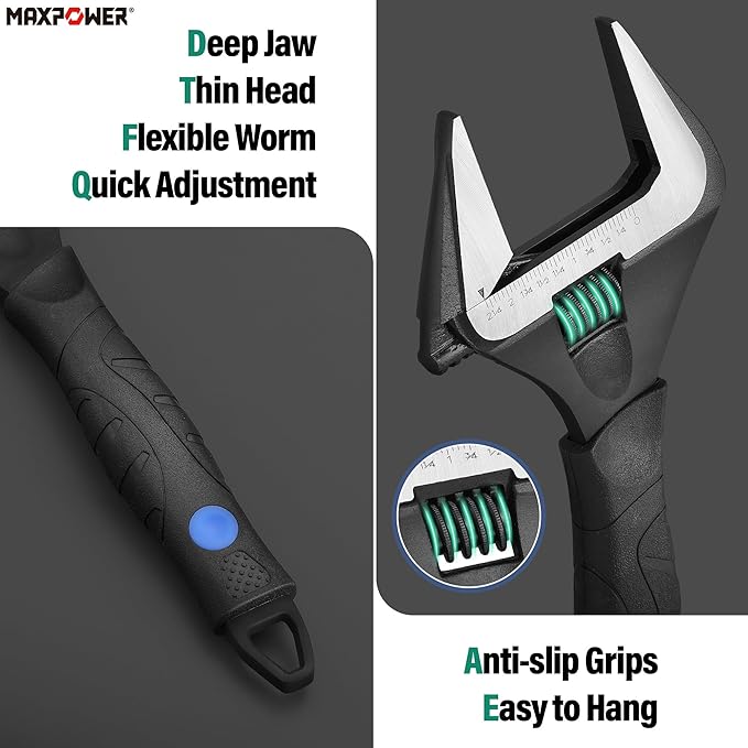 MAXPOWER 12 inch Adjustable Wrench, Wide Jaw Capacity 2.4 inch (60 mm)