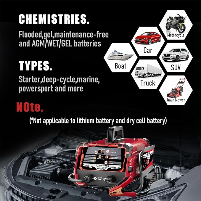 12V 24V Car Battery Charger and 250A Engine Starter, 5-in-1 Solution, Maintainer, 50A Boost, for 12V/24V Power Sport, Automotive, and Marine Batteries