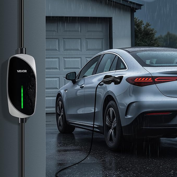 VEVOR Level 1&2 EV Charger, 16 Amp, Electric Vehicle Portable Charger with 25 ft Charging Cable, 120V-240V, NEMA 6-20P Plug NEMA 5-15 Adapter, LED Indicator, Home Car Charging Station for SAE J1772 EV
