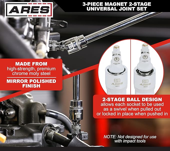 ARES 36006-3-Piece Magnetic 2-Stage Universal Joint Set – 2-Stage Design Changes Socket from Swivel to Fixed Position - 1/4-Inch, 3/8-Inch, and 1/2-Inch Drive – Magnet Tips for Use with Bolts
