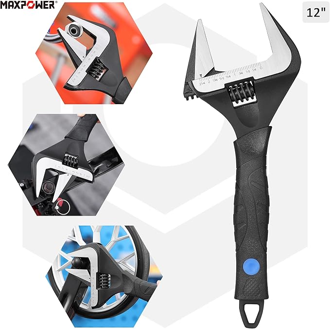 MAXPOWER 12 inch Adjustable Wrench, Wide Jaw Capacity 2.4 inch (60 mm)