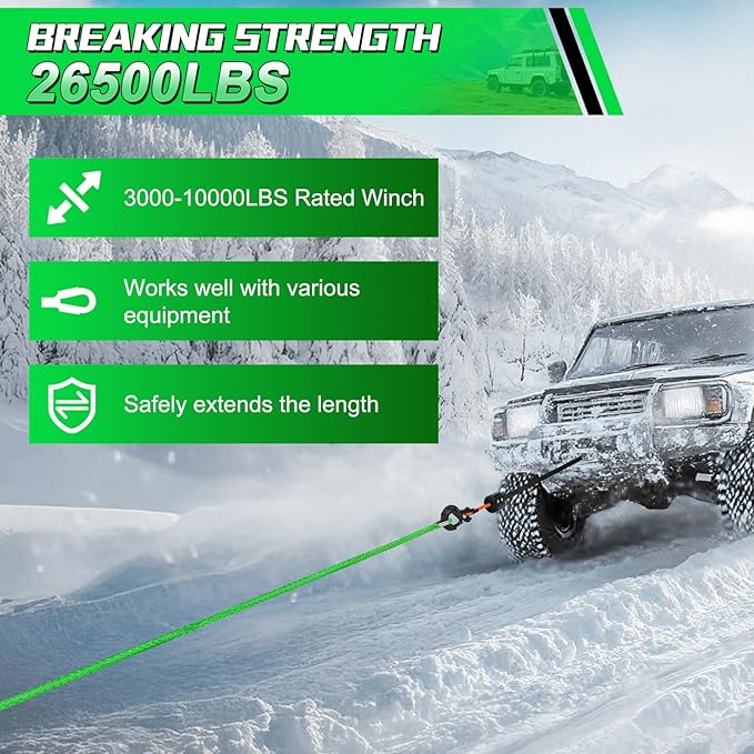 Synthetic Winch Rope Extension, 3/8Inch x 50Ft 26500 Lbs Winch Extension Cable Replacement Tow Ropes Line for Off Road Vehicle ATV UTV Truck SUV Jeep (Green)