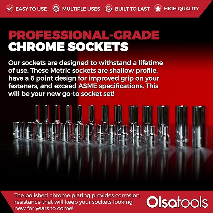 Olsa Tools Metric Shallow Socket Set - 1/4-Inch Drive, 14pc - 6-Point Chrome Sockets from 4mm–15mm and No Skipped Sizes - Mechanic Shallow Metric Socket Set - Professional Grade Sockets - Part: 1328